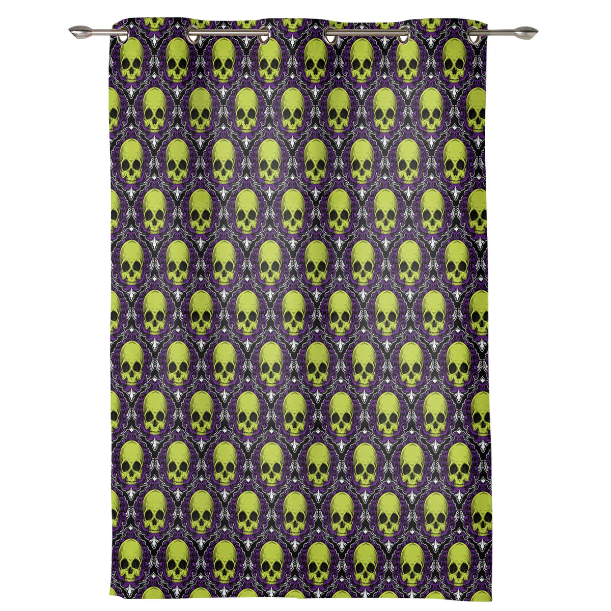 Halloween Purple and Green Textured Skull Window Curtains - Luxury Drapes for Living Room, Bedroom, Coffee, and Kitchen Decor