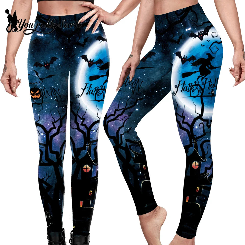 [You're My Secret] Women Skull Printed High Waist Stretch Pants Leggings Halloween Carnival Party Cosplay Costume Fancy Dress