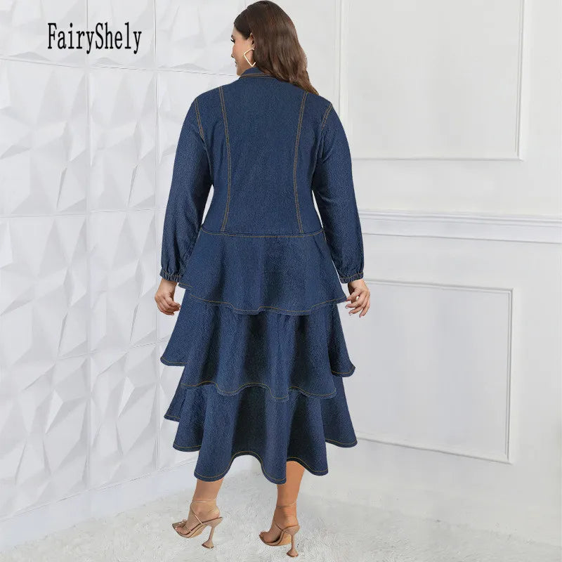 2024 Winter Plus Size Denim Midi Dress for Women – Long Sleeve, Button-Up, Tiered Ruffle Design with Turn-Down Collar