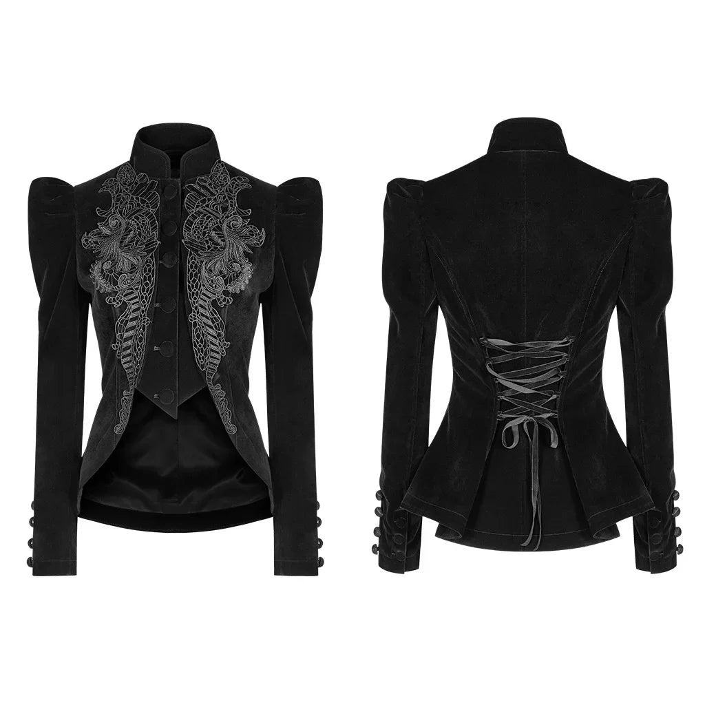 PUNK RAVE Women's Gothic Lolita Short Coat - Black Puff Long Sleeve Halloween Party Jacket with Lace Decoration