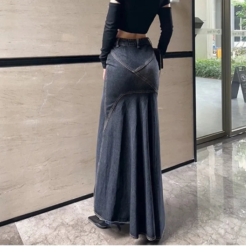 2023 Autumn New Vintage High-waisted Denim Skirt Women's Hip-hugging Long Skirt Split-line Flared Design Female Fashion