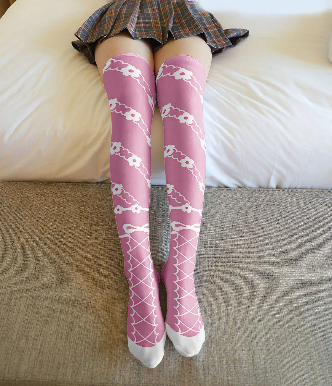 Cute Bow Rose Flower Bear Print Stockings For Women Thigh High Non Slip Sexy Cosplay Lingerie Velvet Anti Hook Silk Stockings