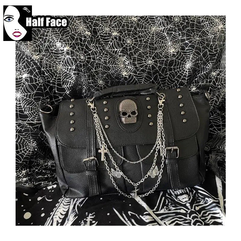 Y2K Harajuku Gothic Punk Skeleton Head Chain Crossbody Bag - Spicy Girls Locomotive Subculture Lolita Tote