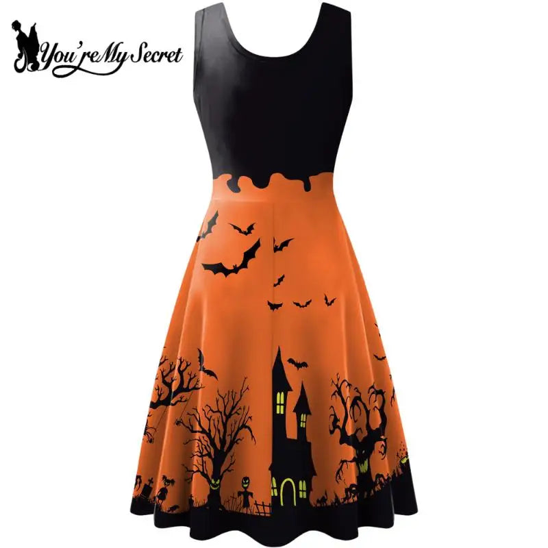 [You're My Secret] Dress Women Sexy Sleeveless Witch Party Ghastly 3D Skeleton Anime Clothes Summer Vintage Dress Halloween Rave