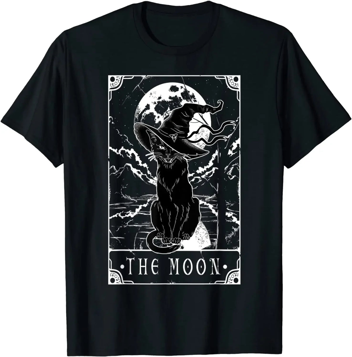 Tarot Card Crescent Moon And Black Cat Witch Hat Halloween T-Shirt