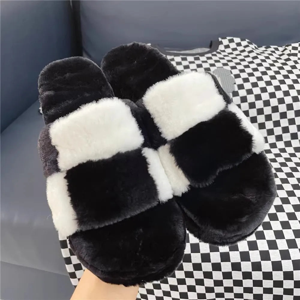 Women's Plush Slippers Sandals - Customized High Thick Heels, Summer Dress Pumps (Sizes 31-48) in Black and White Checkerboard