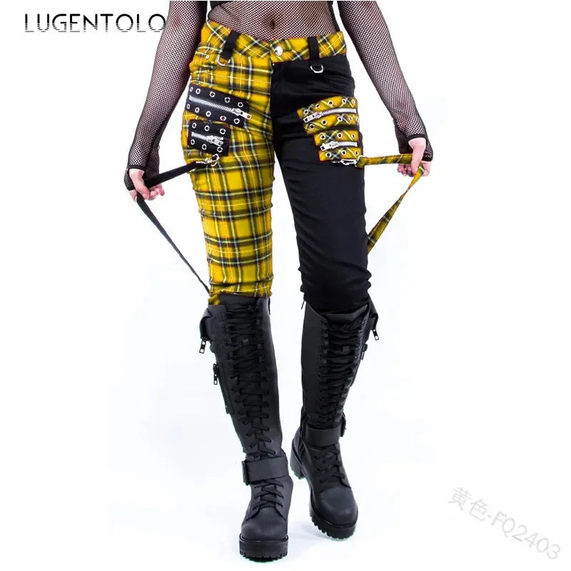 Plaid Color Block Patchwork Punk Rocker Staps And Zipper Pocket Detail Slim Fit Skinny Pants