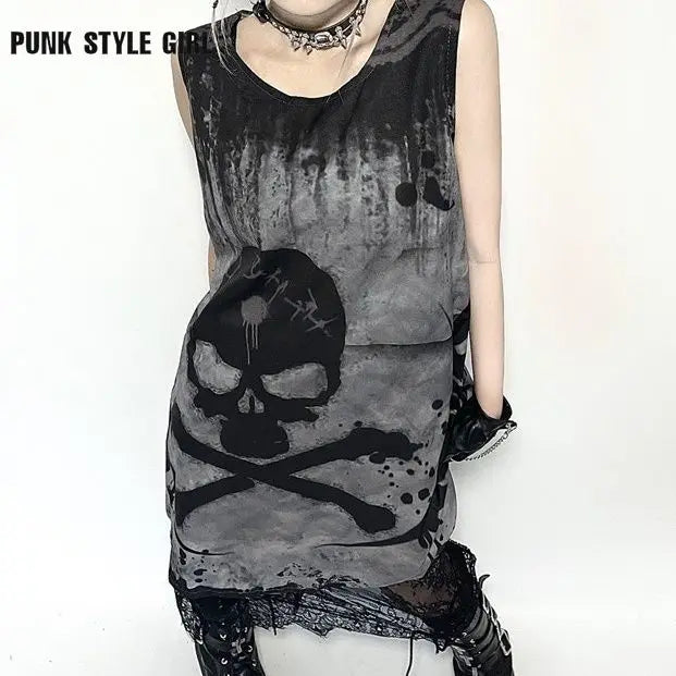 Gothic Punk Rock Skull Dress | Y2K Emo Fairy Grunge Mini Dress | Dark Academia Aesthetic Long Shirt for Halloween