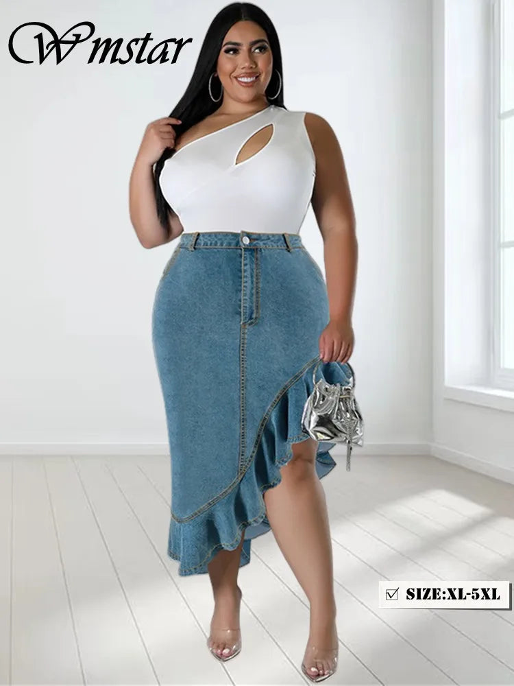 Wmstar Plus Size Only Denim Skirts Women's Clothing Maxi Sexy Medium Stretch Long Flounce Skirt Wholesale Dropshipping 2024