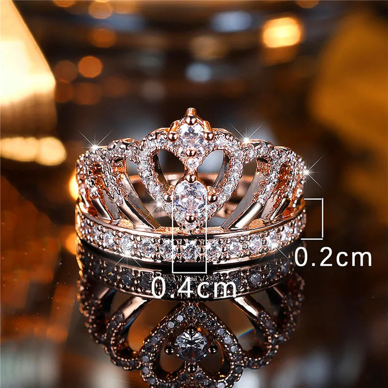 Luxury Female Big Heart Crown Zircon Stone Engagement Ring - Rose Gold Bride Wedding Jewelry Gift