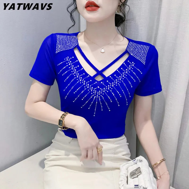 New Summer High-End Short-Sleeved V-Neck Women's T-Shirt - Fashion Sexy Hot Rhinestone Mesh Tops, High Stretch Hollow Out Tees available in sizes M-3XL