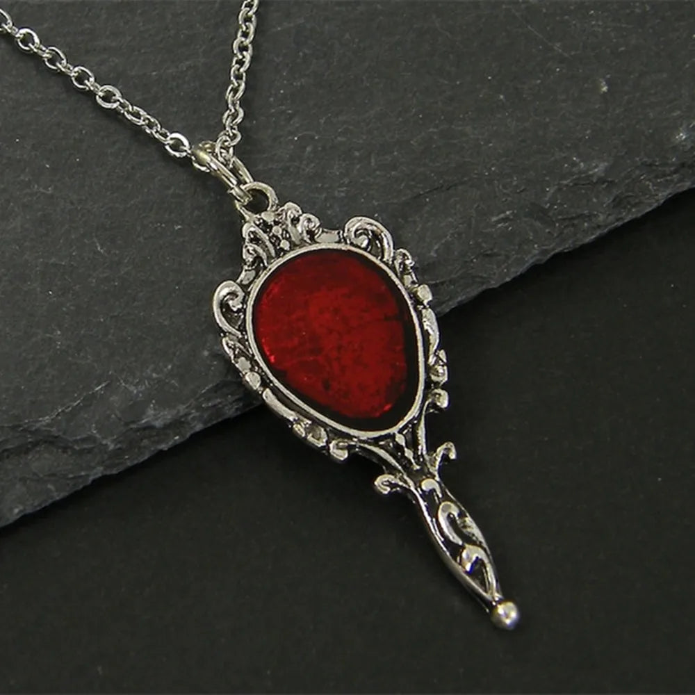 Dark Gothic Vampire Bloody Mirror Necklace - Burning Heart Pendant in Victorian Style Jewelry