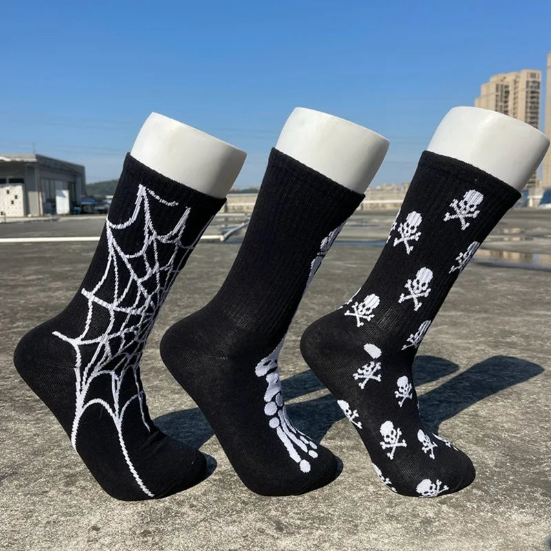 Men's Hip Hop Spider Skull Skateboard Socks – 1 Pair, Personality Streetwear