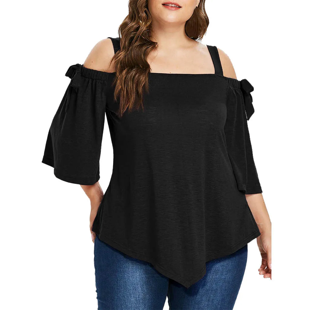 Versatile Plus Size Asymmetric Cold Shoulder Top - Bow Blouse for Fashionable Women