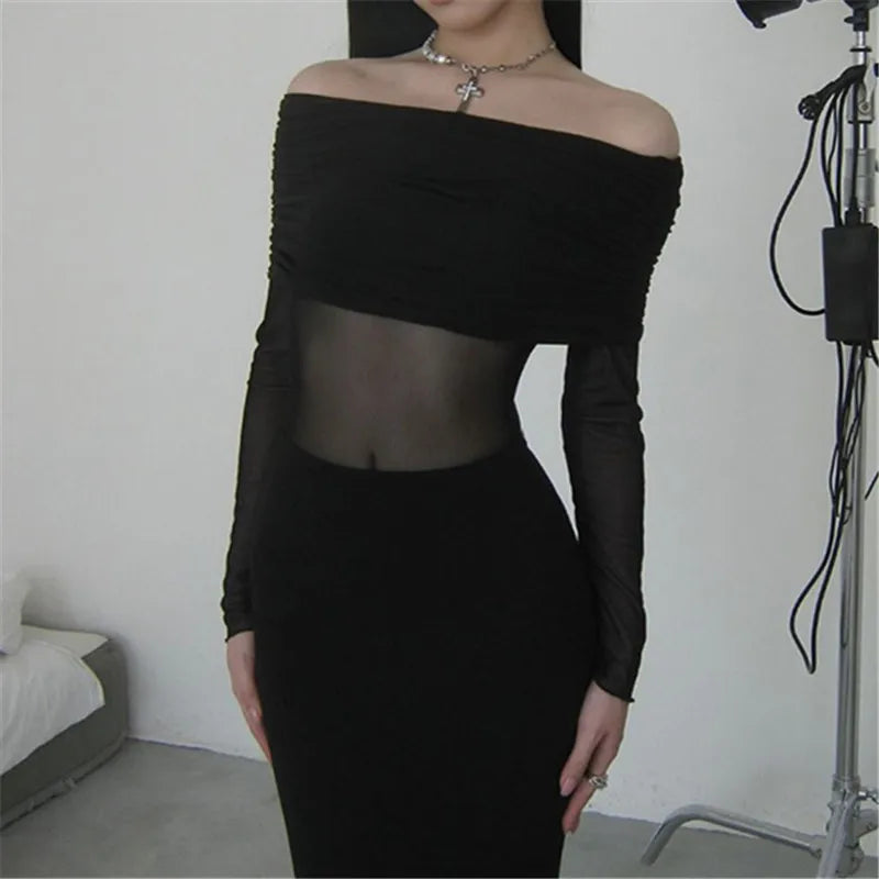 Goth Dark Black Party Gown – Sexy Mesh Patchwork Off Shoulder Maxi Dress, Y2K E-Girl Slim Bodycon Dress for Mall Goth Women