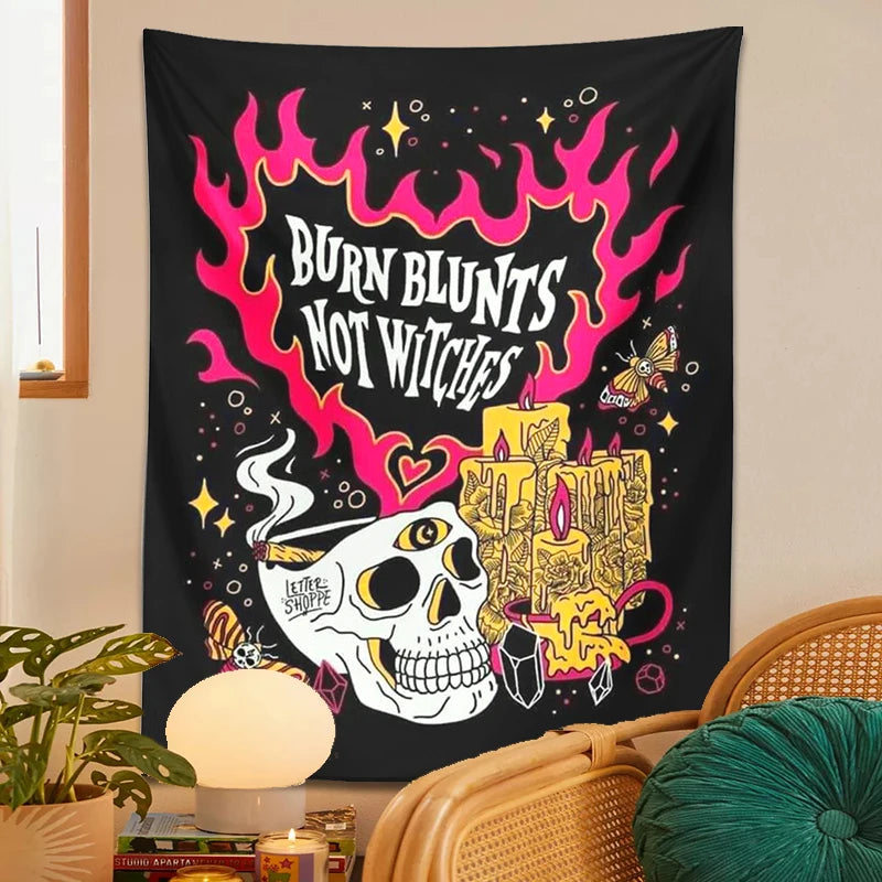 Skull Tapestry Wall Hanging | Psychedelic Burn Blunts Not Witches Moon Moth Divination | Boho Witch Skeleton Decor