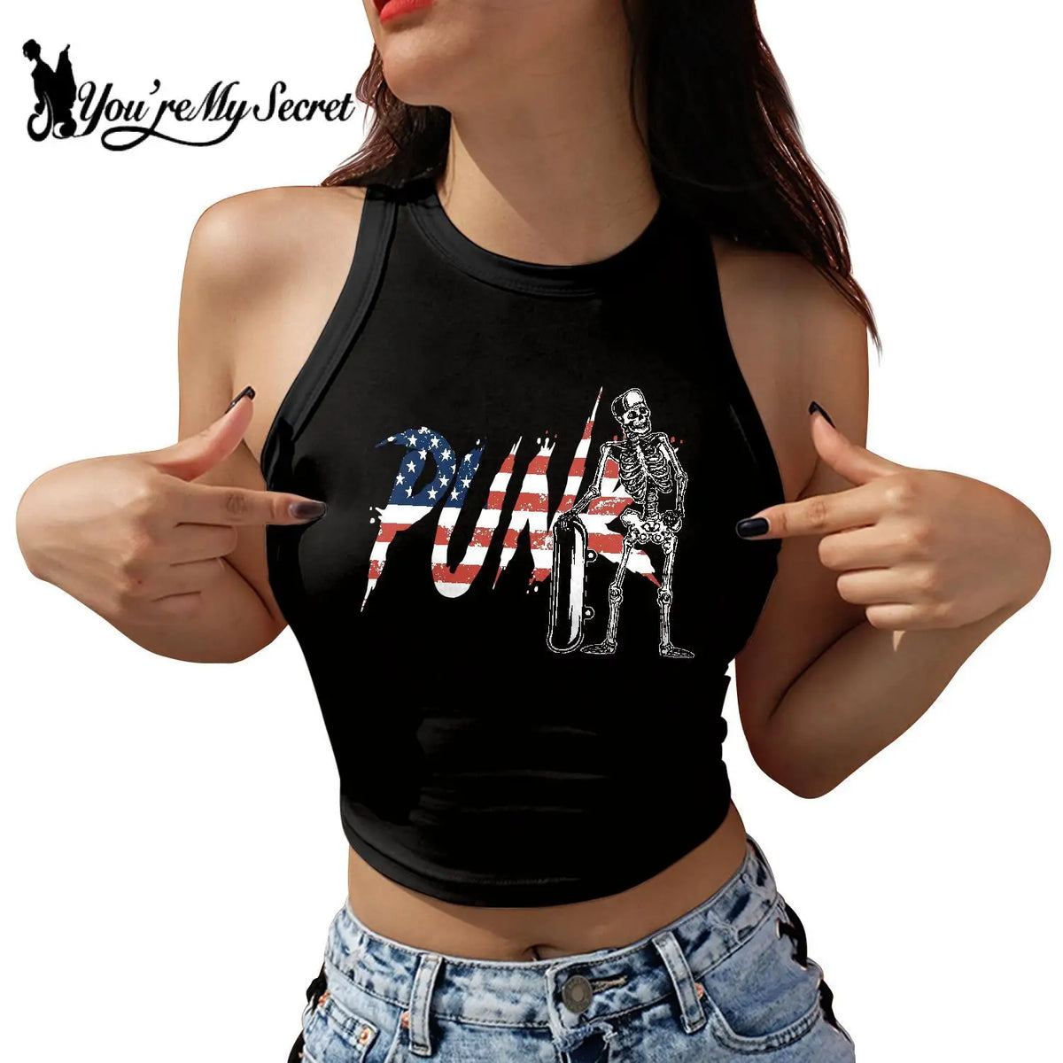 [You're My Secret] Halloween Women Crop Top Sexy Sleeveless Tank Tops Gothic Skull Print Knitted O-neck Hip Hop Vest Summer