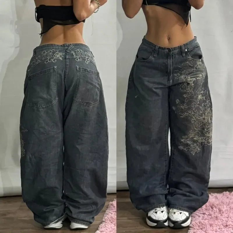 Streetwear New Fashion Oversized Print Baggy Jeans Women Y2K Gothic Harajuku Vintage Casual Joker High Waist Wide Leg Pants