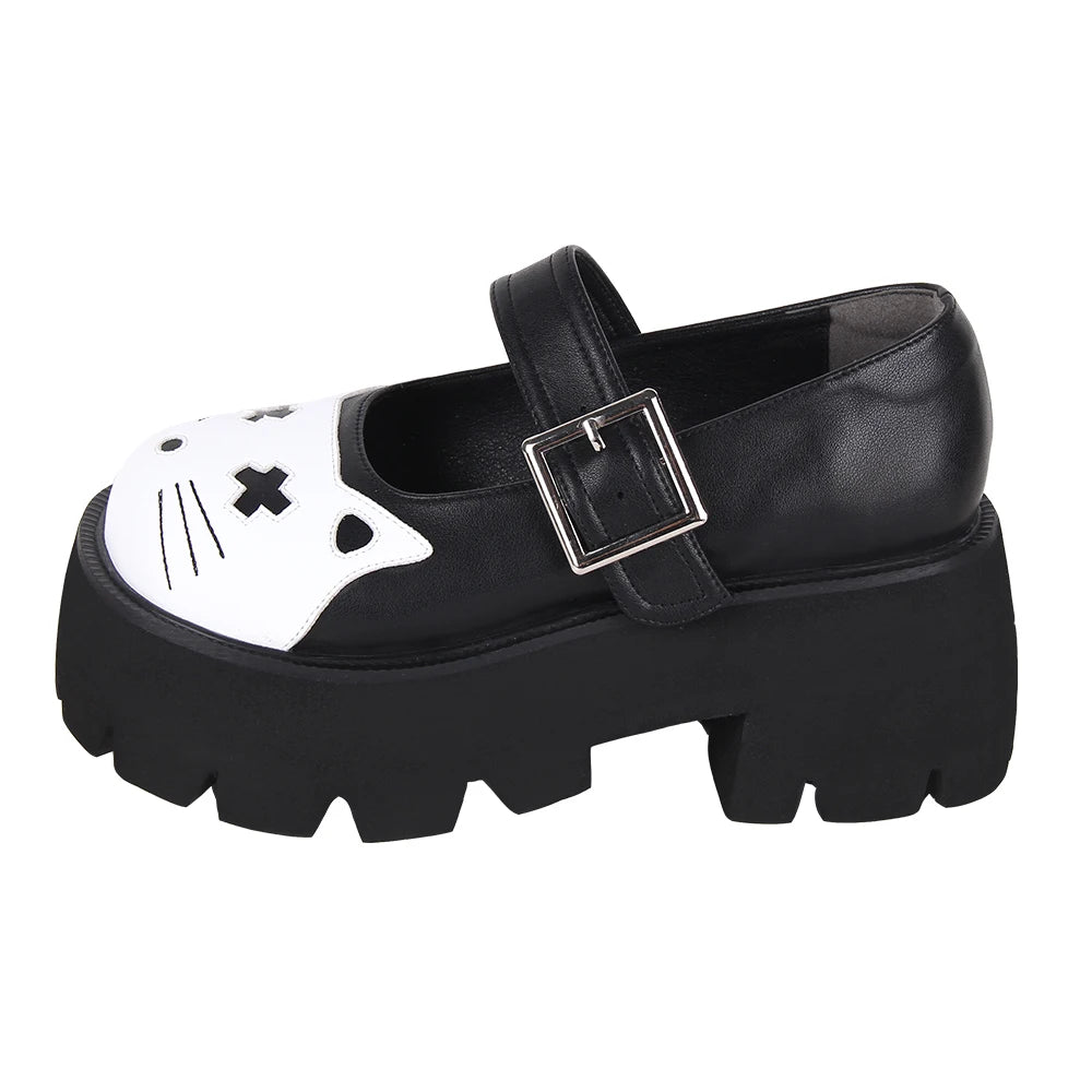 Women’s and Girls’ Lolita Punk Rock Chunky Mary Jane Shoes - 8 cm High Heel with White Cat Toe Accent