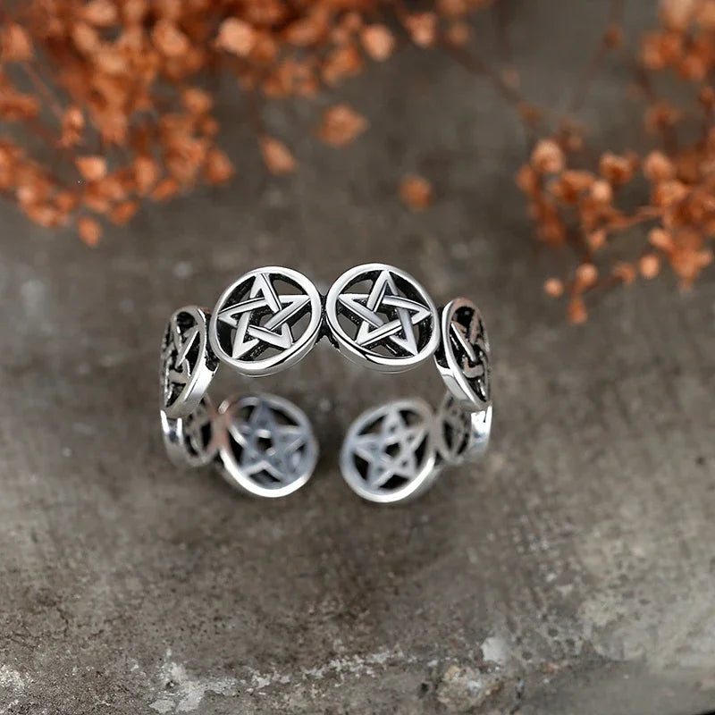 Vintage Silver Star Pentagram Chunky Adjustable Finger Ring | Punk Tibetan Jewelry Gift for Women and Men