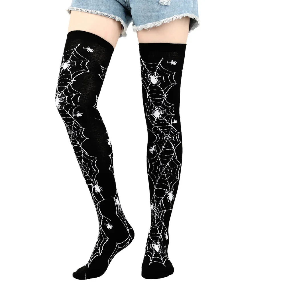 Black Gothic Punk Knee-High Stockings, Non-Slip Over-Knee Warm Long Tube Socks for Girls, Cosplay Halloween Accessory