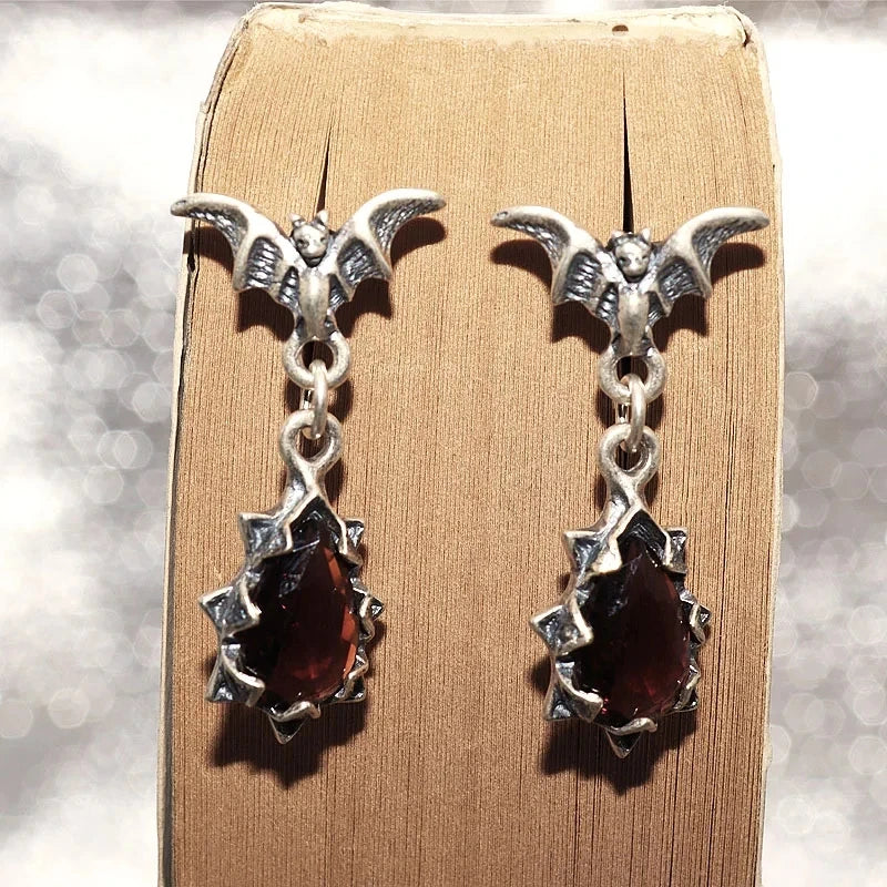 Retro Gothic Punk Style Vampire Bat Red Zircon Earrings - Women's Hypoallergenic Pendant, Halloween Jewelry Gift