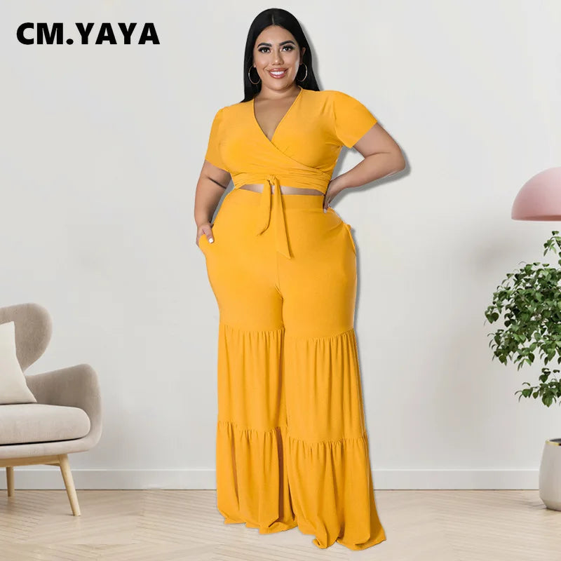 CM.YAYA Elegant Plus Size Loose Lantern Flare Trousers Suit - Women's Tie Crop Top and Straight Pants Two Piece Set