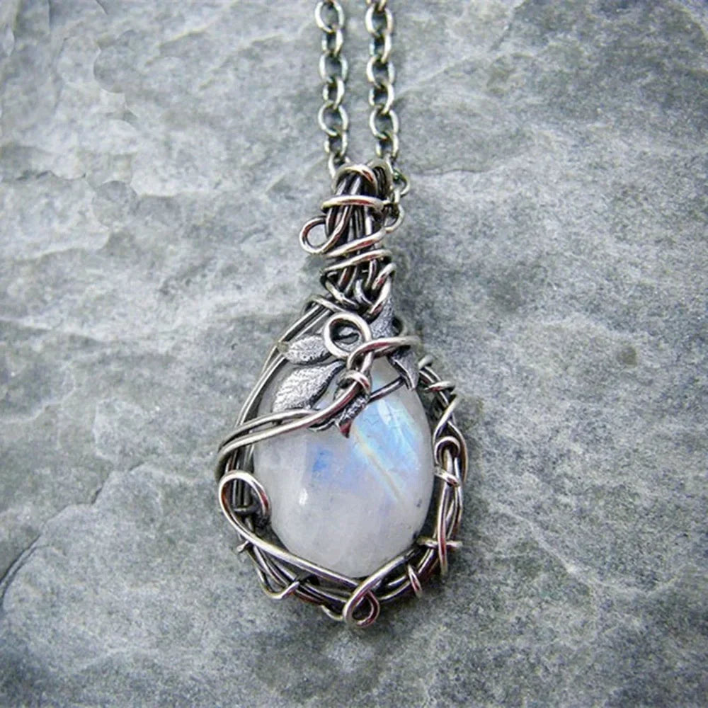 Antique Teardrop Artificial Moonstone Pendant Necklace with Gems Leaf Rattan - Vintage Boho Water Drop Jewelry for Women and Girls