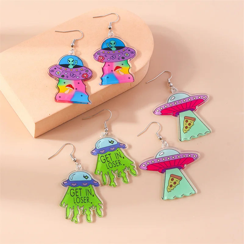 Aihua Cute Cartoon Creative Acrylic ET Alien Earrings Kawaii  Funny UFO Spaceship Earrings for Women Girls Kids Birthday Gifts