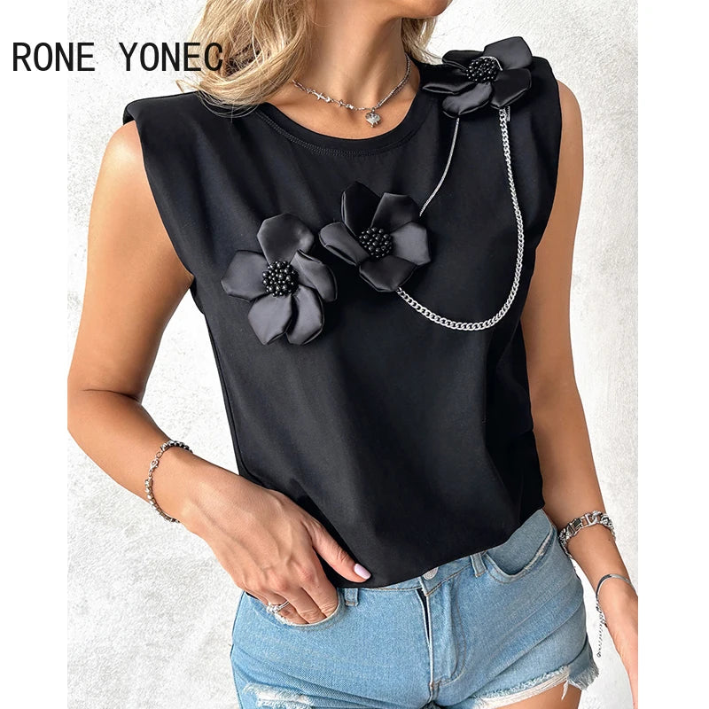 2024 Women Chic Solid Floral Chain Tank - Sleeveless Sexy Camis Crop Top with Three-Dimensional Decoration