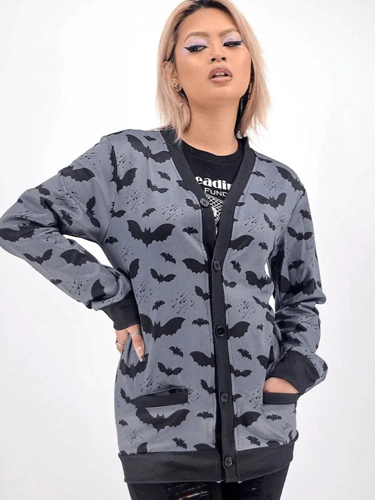 Yangelo Gothic Black Bat Print Ladies Jacket Fall 2022 Loose Casual Zip-Up Top Y2K Party Fashion Top