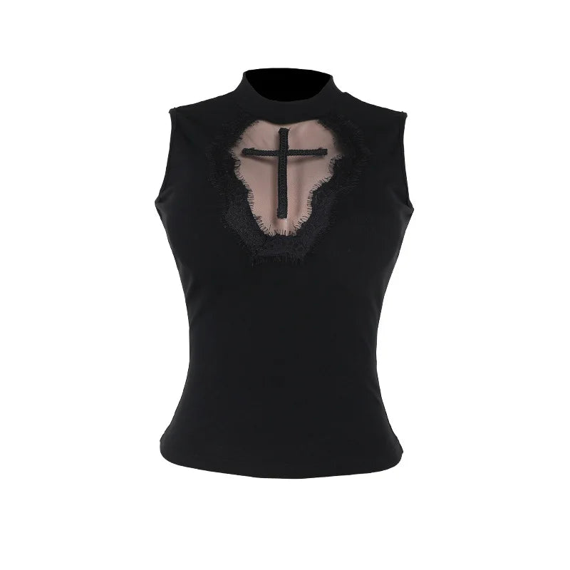 Y2K Goth Black Lace Tank Top | Sexy Vintage Cross Corset Crop Top for Women | Summer Sleeveless Tees Streetwear