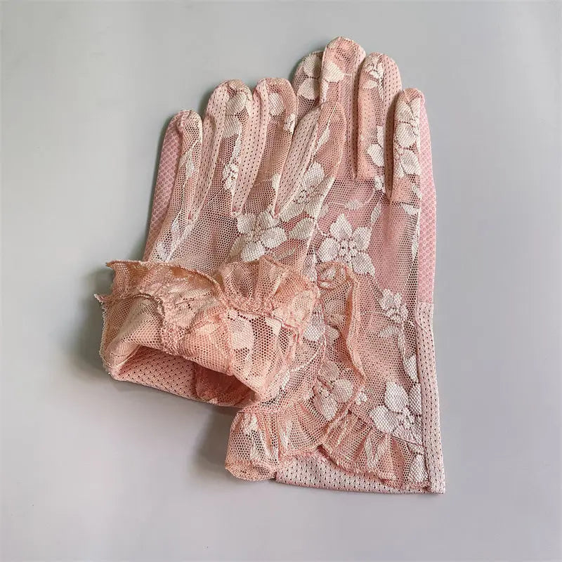 Summer Women Sexy Lace Flower Ruffle Touch Screen Sunscreen Mesh Breathable Transparent Gloves Driving Cycling Anti-Slip