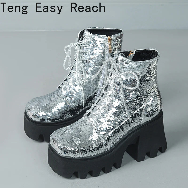 Women's Punk Platform Sequin Ankle Boots Fall/Winter Fashion Round Head Zipper Motorcycle Ankle Boots Sizes 33-43