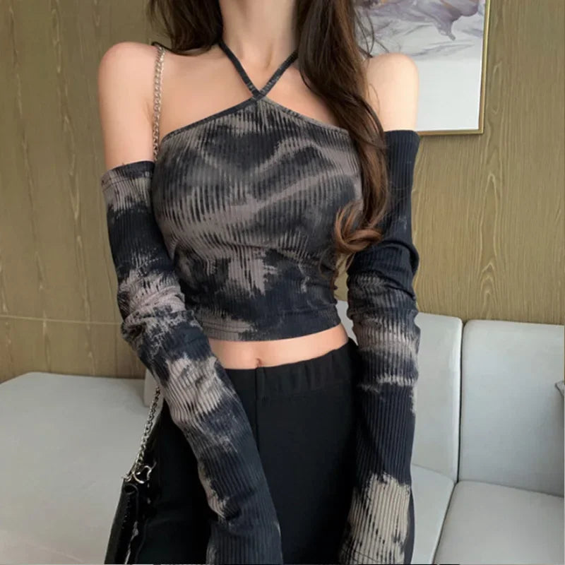 Tie-dye Long-sleeved T-shirt Women Slimming One-word Neck Off Shoulder Halter Short Top Summer Y2K Goth Backless Sexy Crop Tops