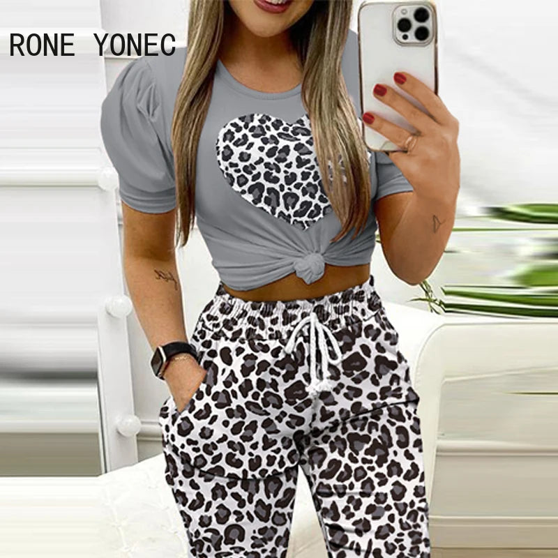 2024 Women’s Short Sleeve Leopard Pattern T-shirt & High Waist Cuffed Elastic Waist Two-Piece Set