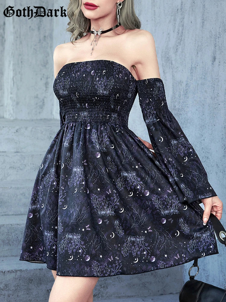 Goth Dark Aesthetic Moon Print Shirring Mini Dress – Grunge Punk, Backless Sexy Women’s Dress, Witchy Off-Shoulder Vintage Alt Clothing