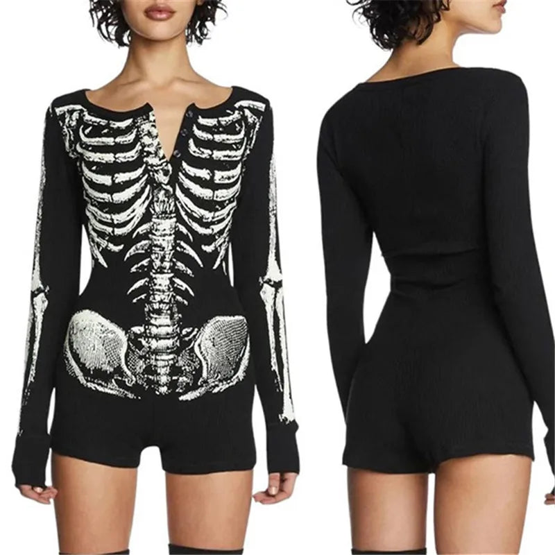 Goth Dark Skull Print Long Sleeve Playsuit – Gothic Button-Up Romper, Y2K Techwear Halloween Cosplay for Women