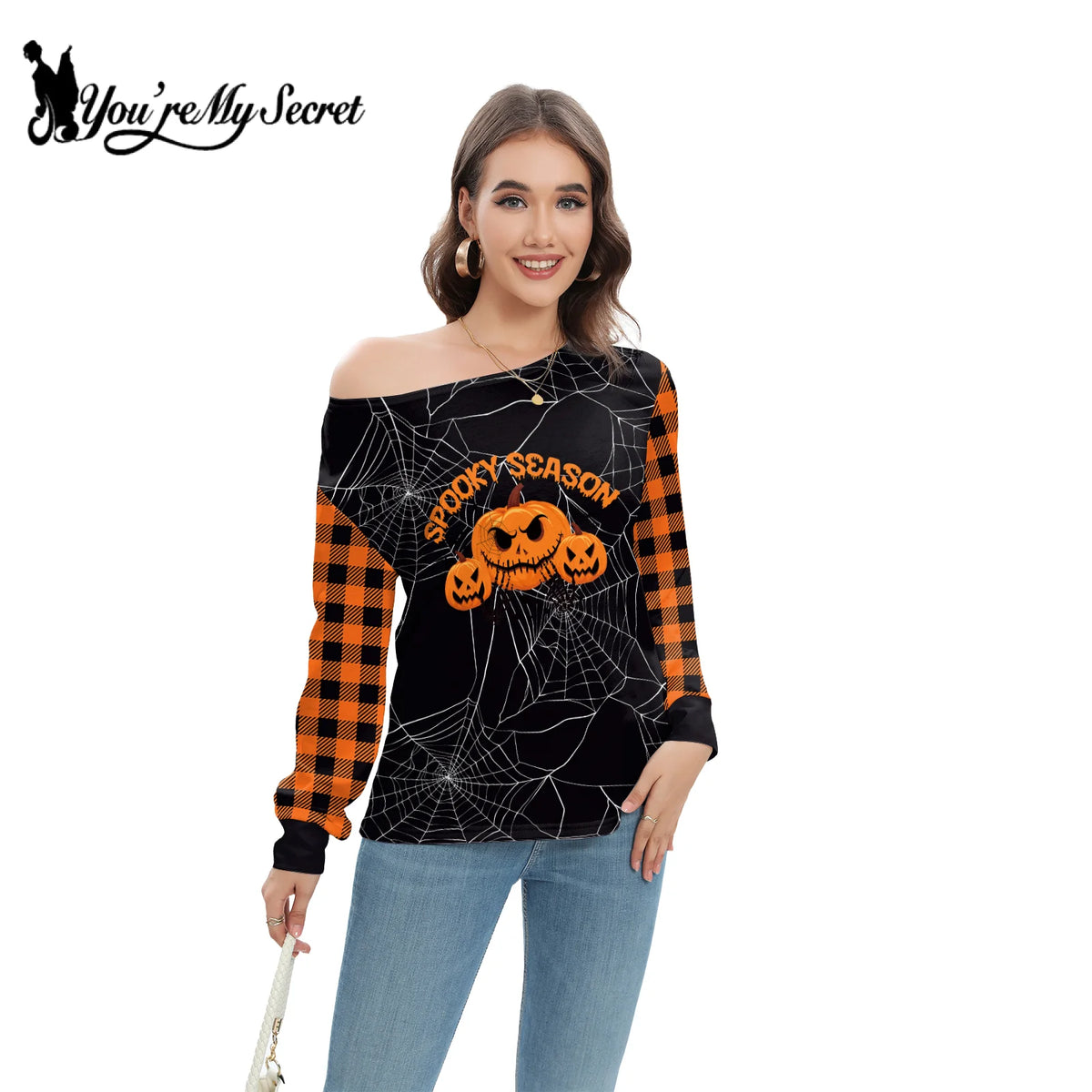 [You're My Secret] Women Slant Shoulder Long sleeve Vintage Crewneck Pullover Top Halloween Skull Printed Sweatshirt Streetwear