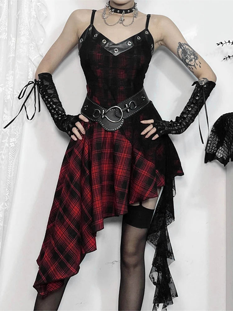 InsGoth Women’s Y2K Gothic Plaid Dress with Lace Trim and Irregular Hem, Harajuku Grunge Backless V-Neck Partywear