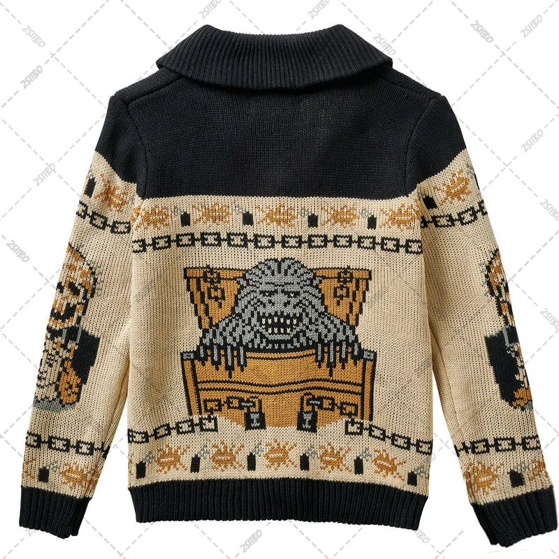 Punk Rocker Men's Skull Print Cardigan - Button Down Ugly Halloween Sweater