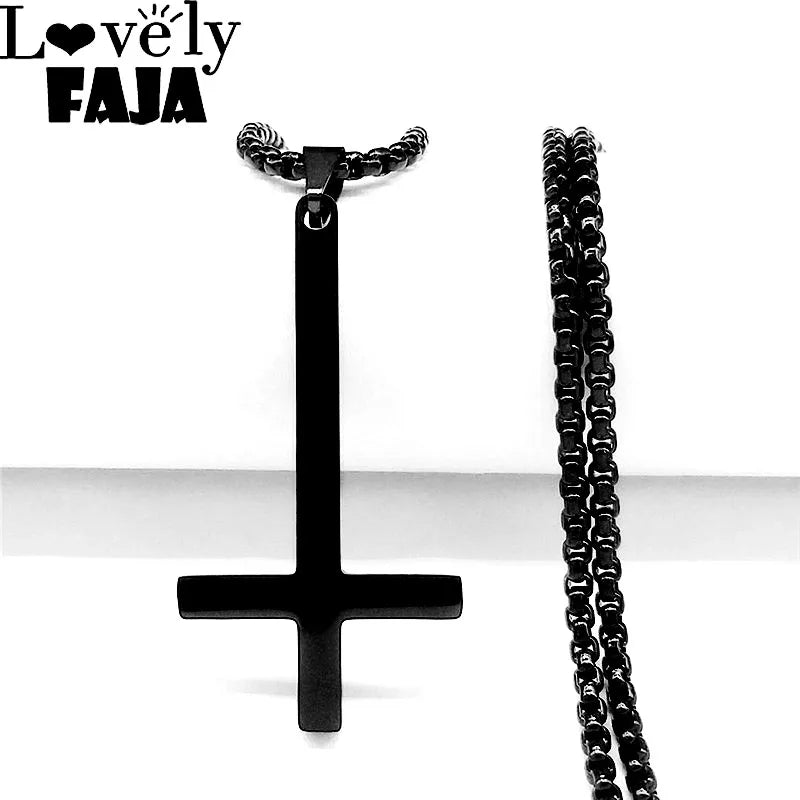 Stainless Steel Upside Down Cross Witchcraft Pagan Necklace - Inverted Cross Black Chain Necklace Jewelry, Model N8374S03