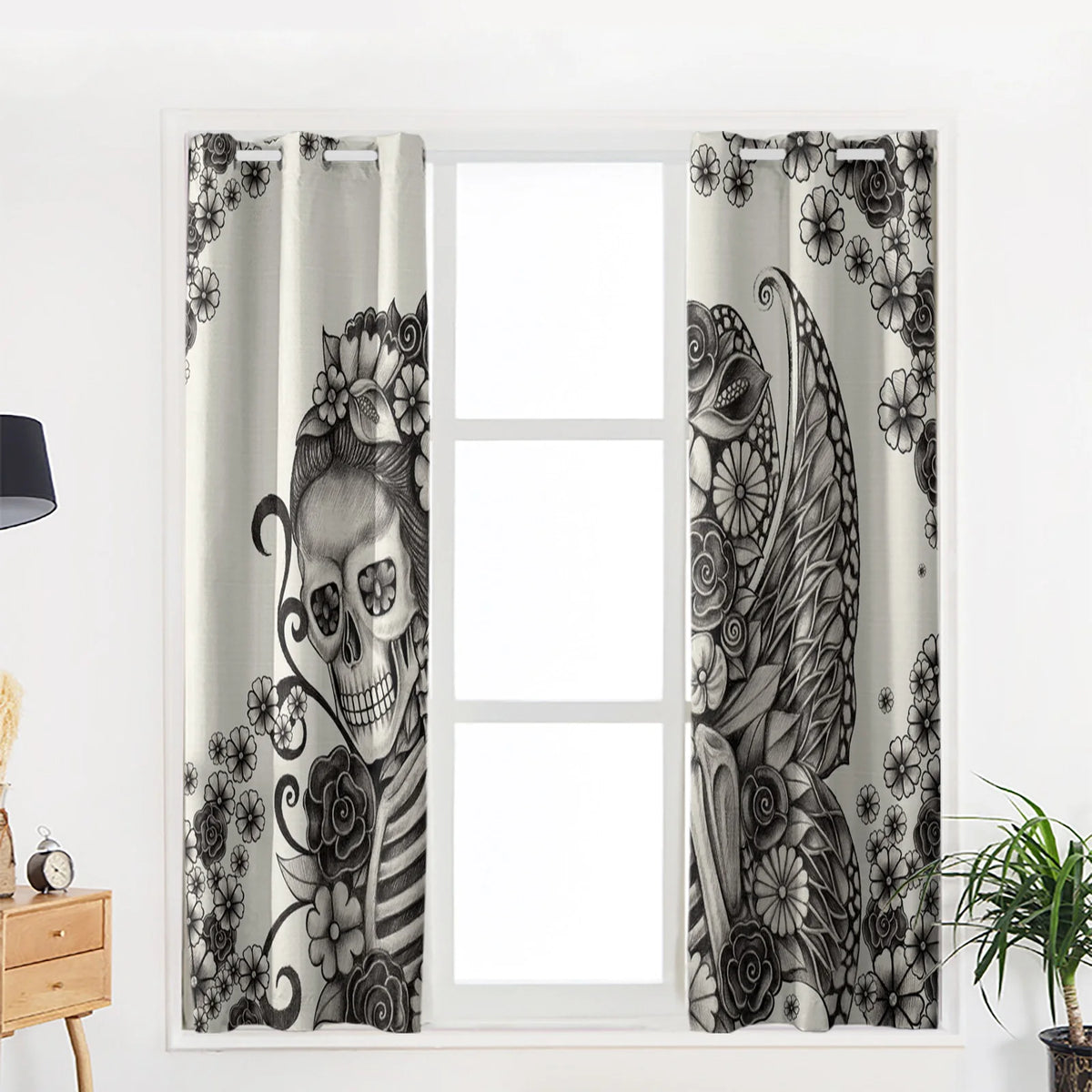 Skull Sketch and Flowers Modern Curtains - Interior Home Decor for Living Room, Bedroom, and Kitchen