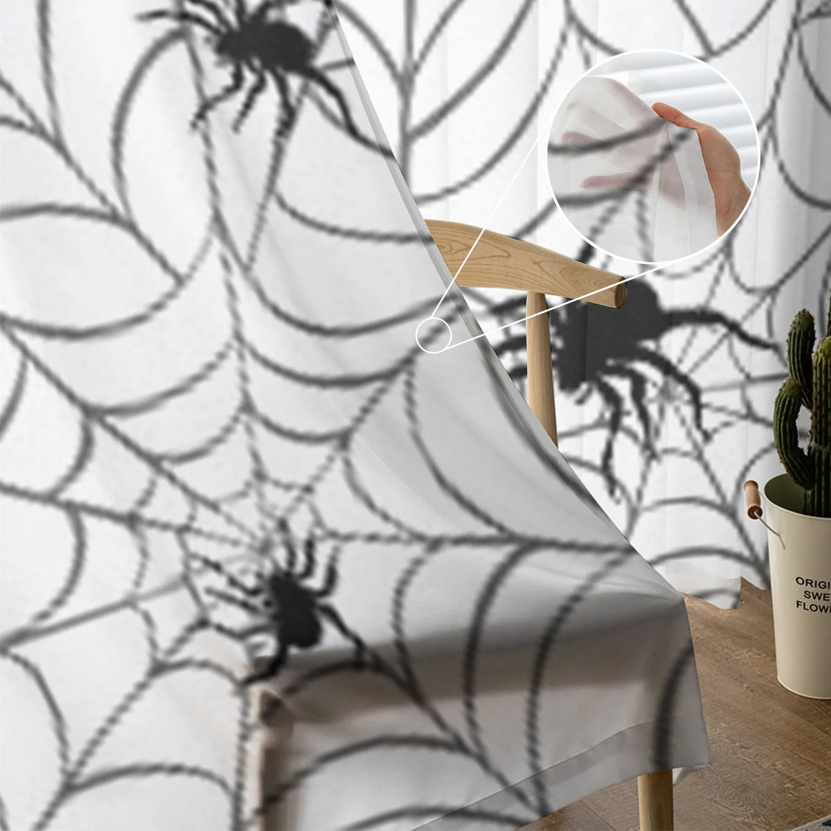 Spiders on Webs Black and White Luxurious Chiffon Sheer Curtains - Gothic Tulle Voiles for Living Room and Bedroom Decor.