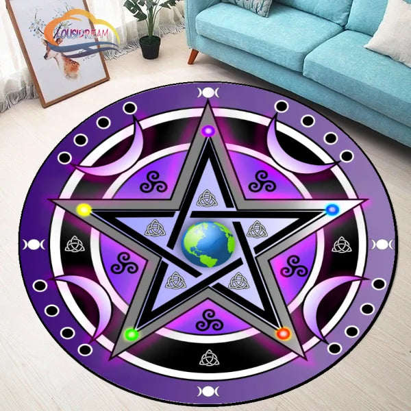 Pentacle Symbol Rug, Pentagram Patterned Round Carpet, Satan  Devil's Trap, White  on Black Supernatural Carpet