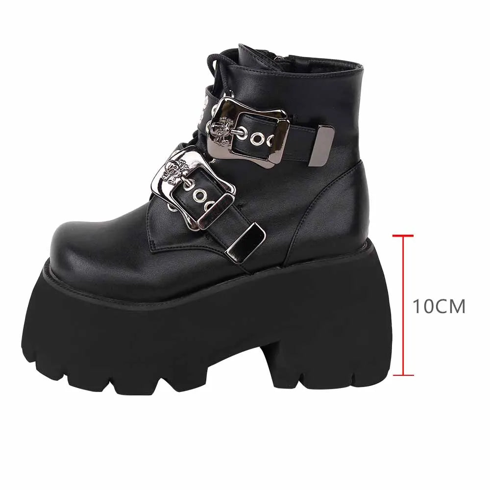 Angelic imprint Women Gothic motorcycle punk dark boots lady ankle Boots woman high heels pumps platform shoes skull lace up 558