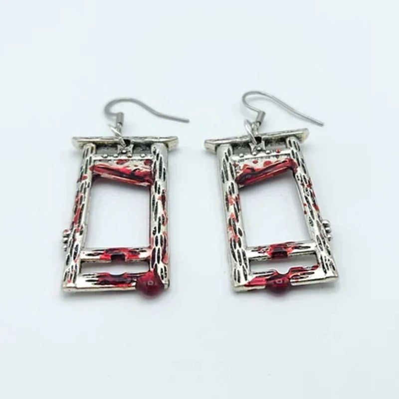 Bloody Guillotine Earrings - Gothic Weapon Jewelry, Spooky Halloween Accessories