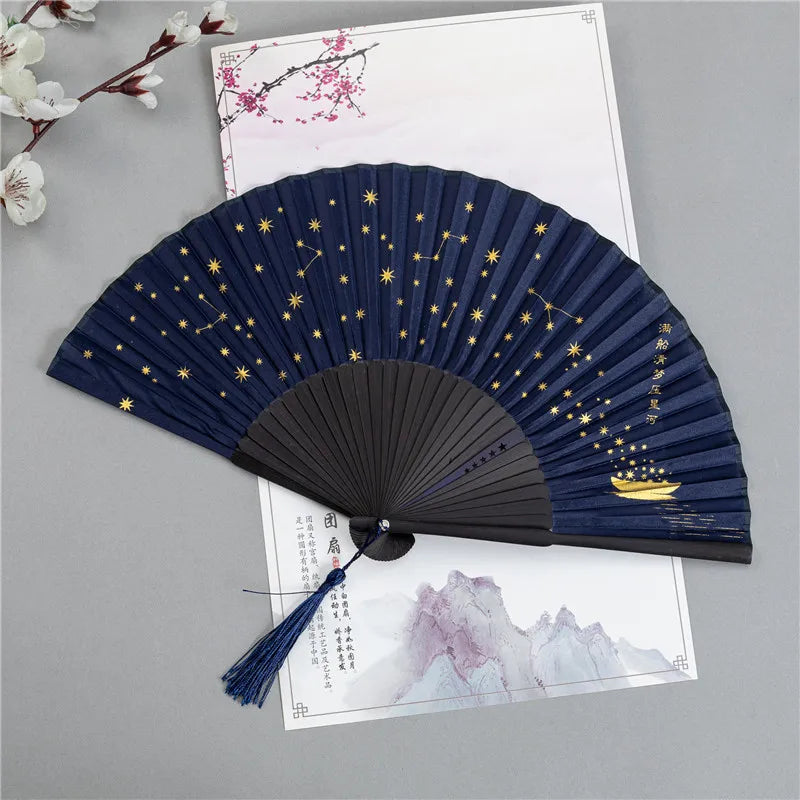 Star Pattern Portable Folding Fan – Chinese Style Bamboo Summer Fan