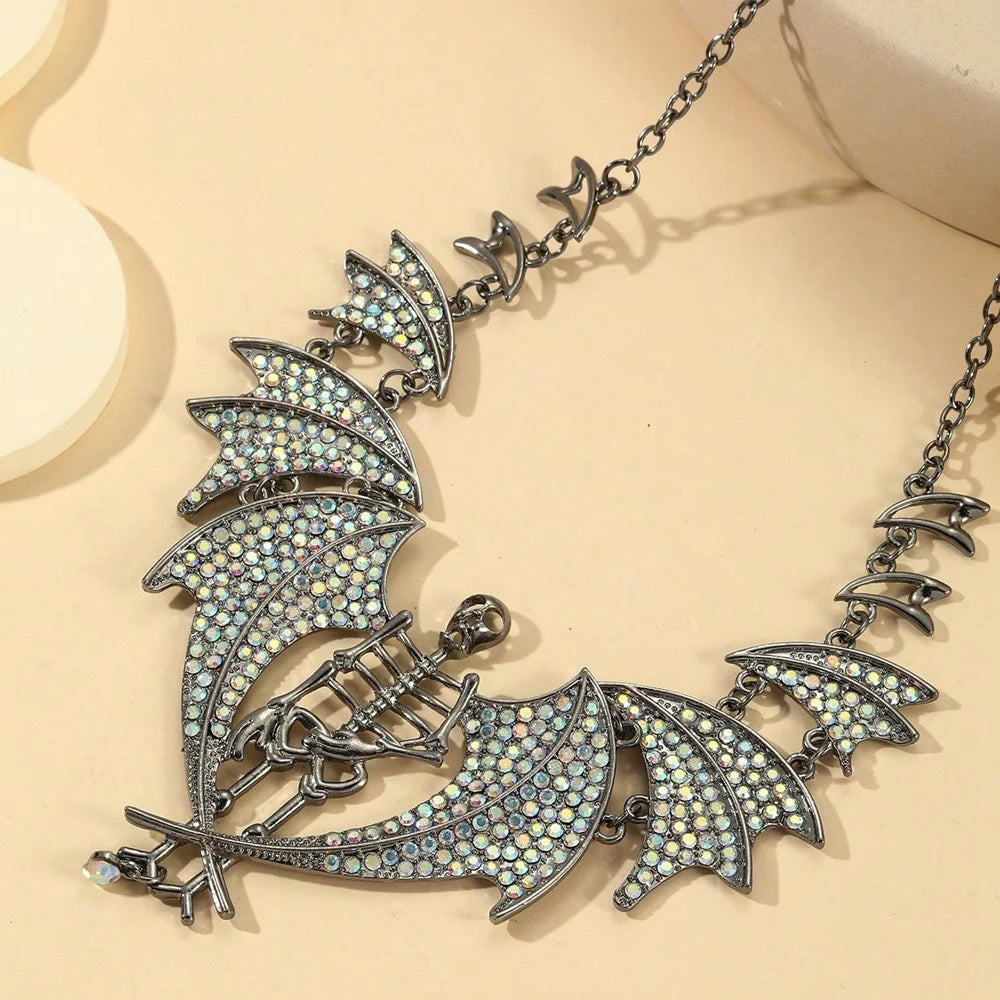 Gothic Punk Rhinestone Skull Bat Devil Necklace - Exaggerated Shiny Halloween Jewelry for Women