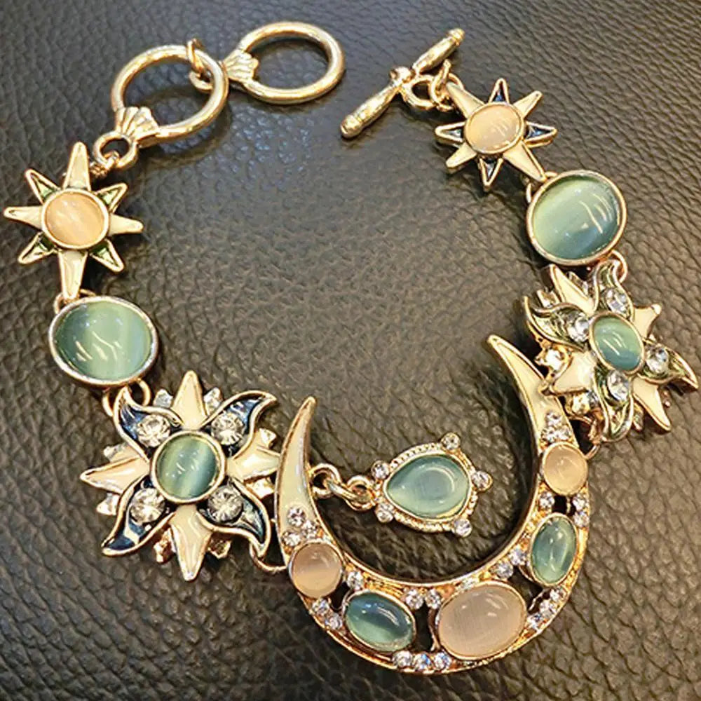 Bohemian Style Asymmetrical Sun, Moon, and Star Bracelet with Natural Rhinestones - Women’s Party Jewelry Gift